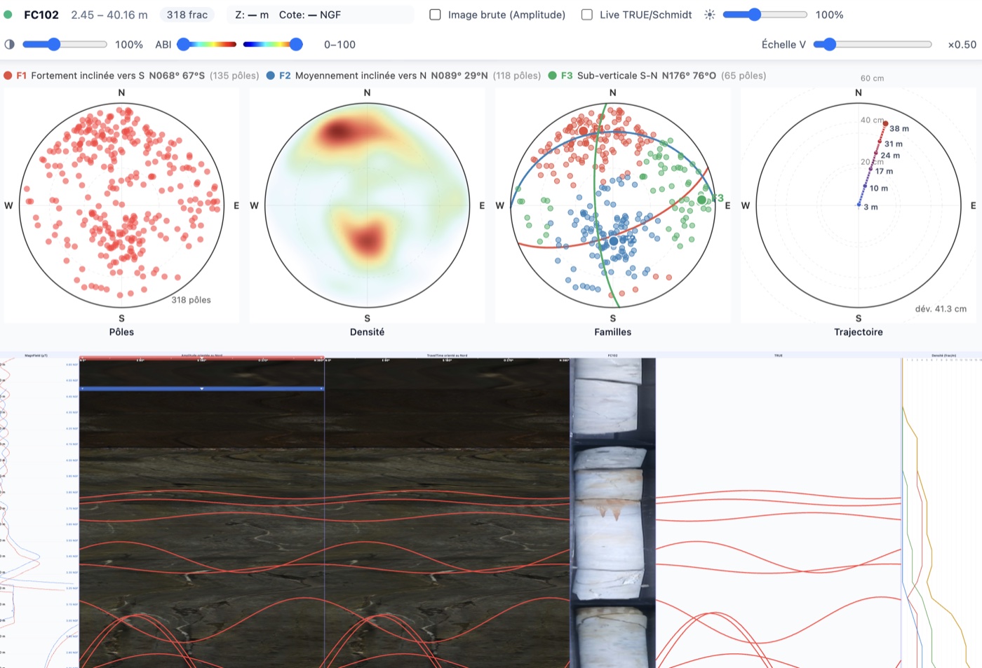 Capture d'écran myEnneade.com : visualisation d'un sondage avec caméra de forage orientée et logs lithologiques associés