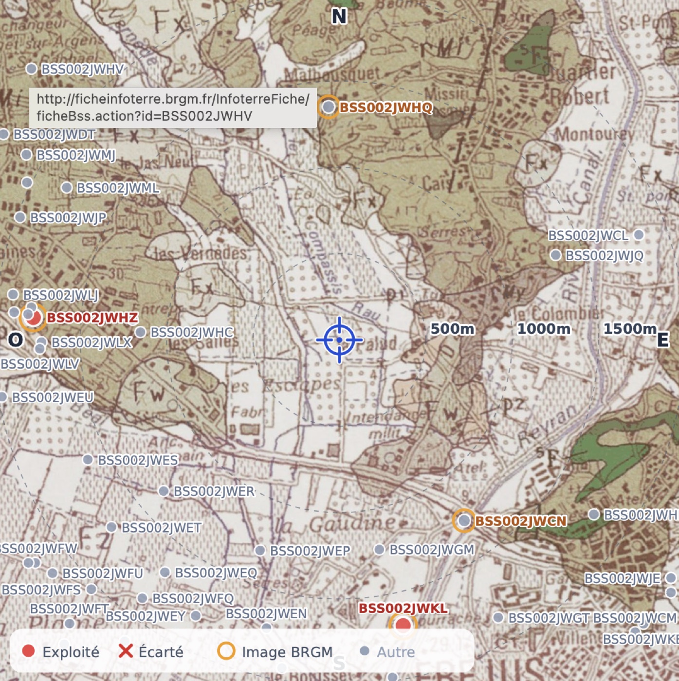 Capture d'écran myEnneade.com : cartographie du contexte régional avec sondages BSS BRGM, BD Charm-50 et tassements EGMS satellite autour du site