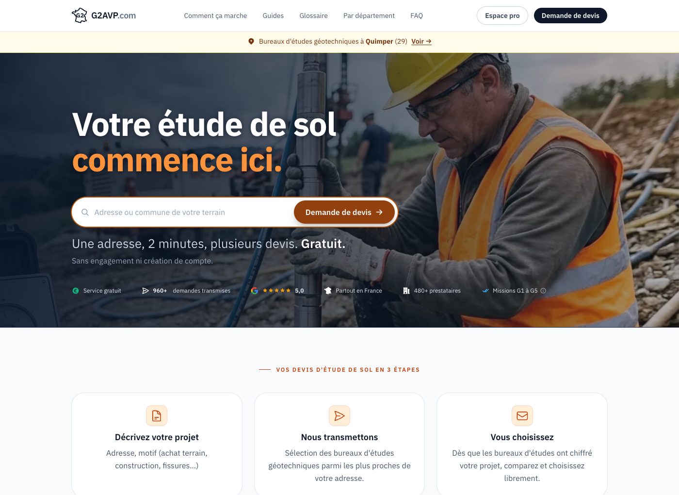 Page d'accueil de g2avp.com : champ d'adresse pour une demande de devis d'étude de sol, photo d'un sondeur au travail, parcours en trois étapes