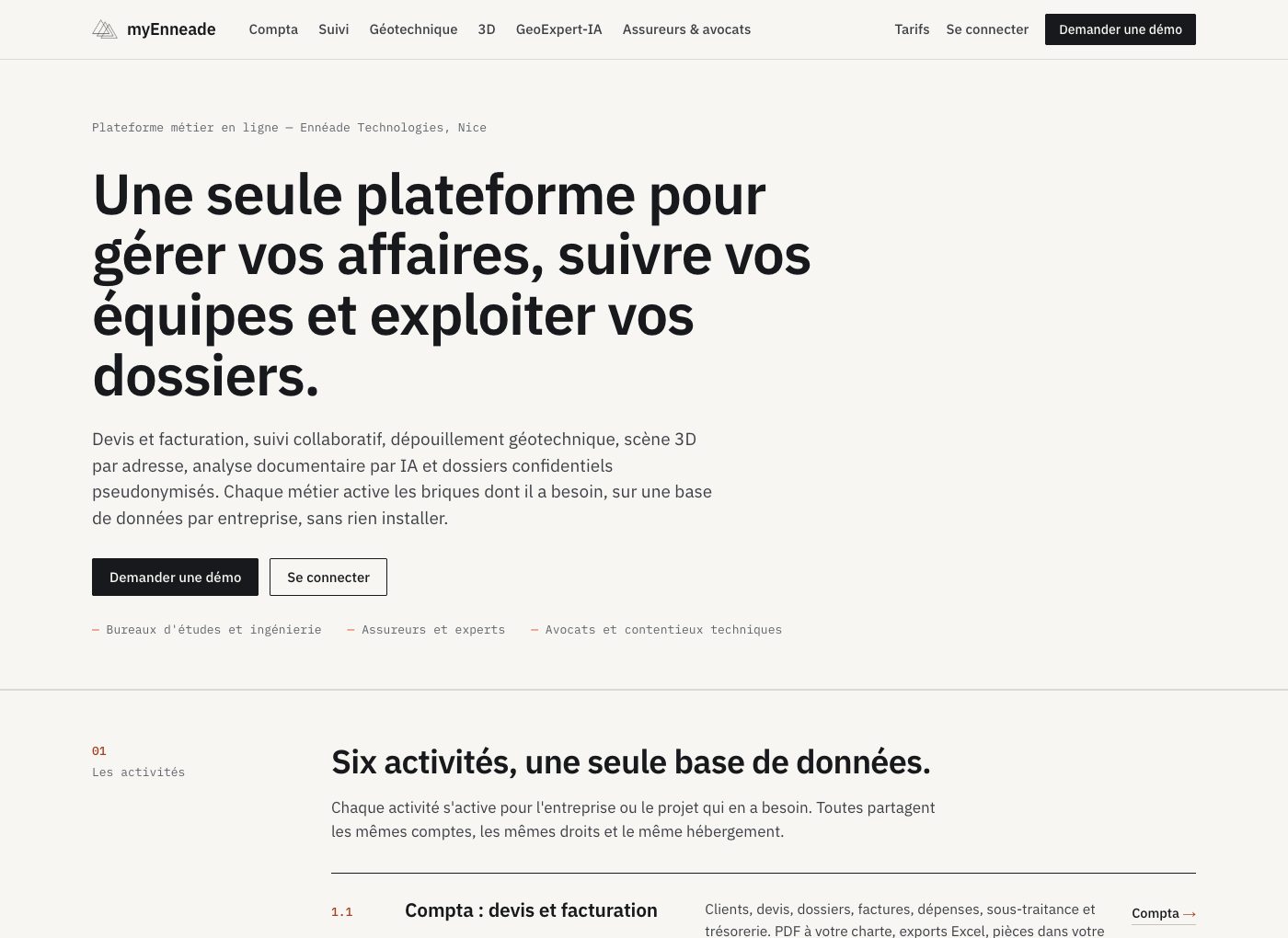 Page d'accueil de myenneade.com : plateforme métier en ligne, six activités présentées sur une seule base de données